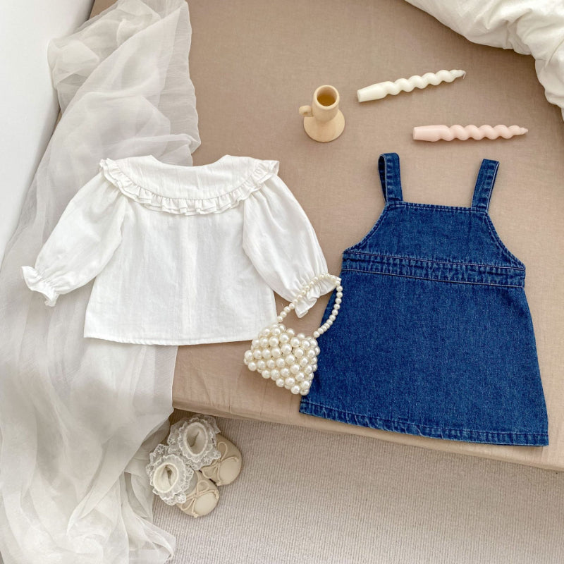 【BABY&KID】くま刺繍ジャンパースカート、カートゥーン刺繍襟ブラウスSK100841