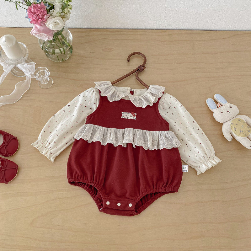 【BABY】刺繍ロンパース&レース襟小花柄ガールズシャツ2点セットSK103404