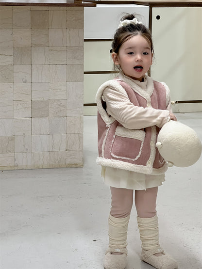 【BABY&KID】もこもこ暖かいベスト、 無地暖かいTシャツ、裏起毛レギンスSK021506