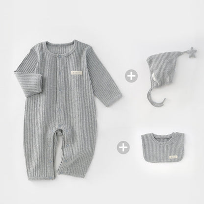 【BABY】韓国風シンプルくまロンパース＆スタイ、星柄帽子SK107526