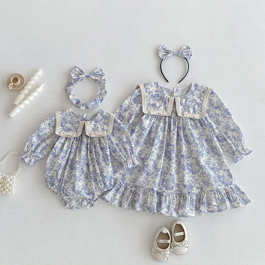 【姉妹服】蝶結び襟花柄ロンパース、ワンピースSK101109