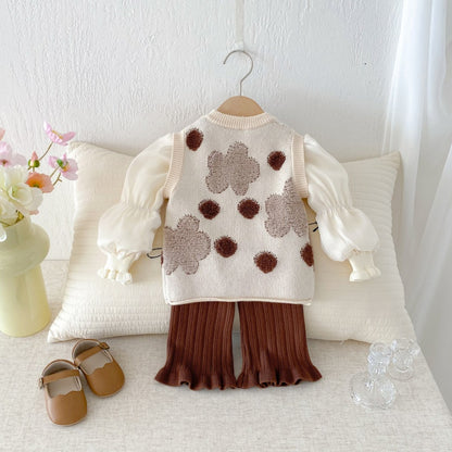 【BABY&KID】花柄ベスト&パフ袖トップス&ニットパンツ3点セットSK100332