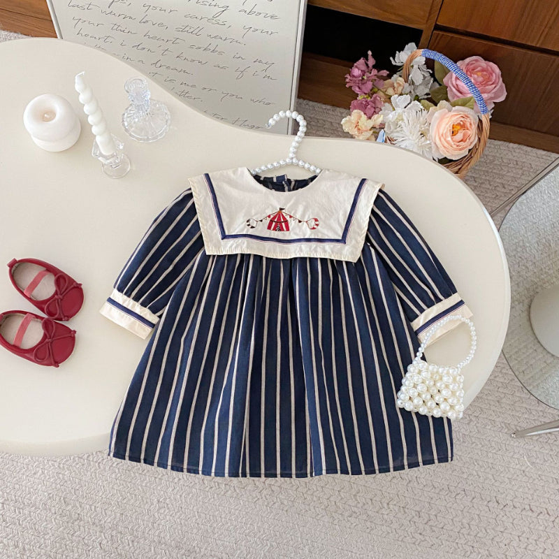 【BABY&KID】レトロ刺繍ストライプワンピースSK092325