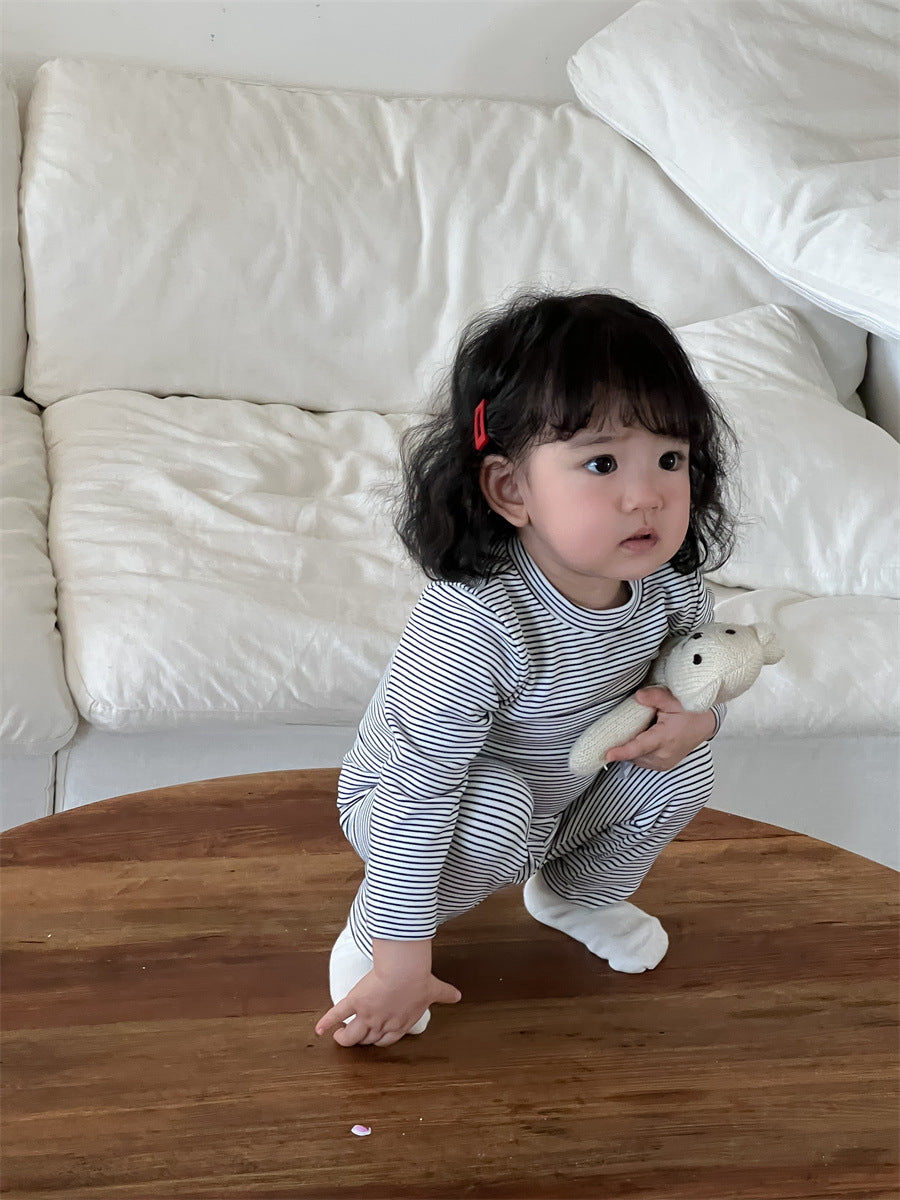 【BABY&KID】韓国風 暖かいボーダーセットアップSK021501