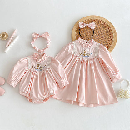 【姉妹服】うさぎ刺繍ロンパース、ワンピースSK101129
