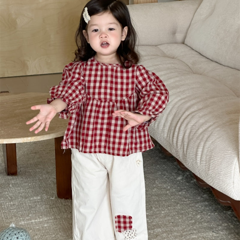 【BABY&KID】レッドチェックブラウス、ベージュパンツSK100839