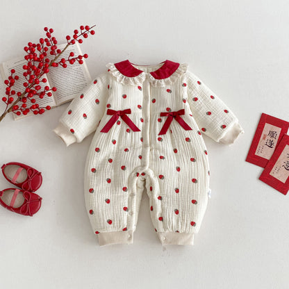 【BABY】冬新作いちご柄レース襟カバーオールSK102710