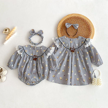 【姉妹服】チェックくまロンパース、ワンピースSK101121