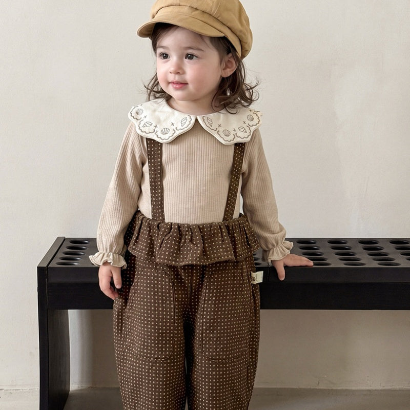 【BABY】ドットサロペット、丸襟刺繍トップスSK107008