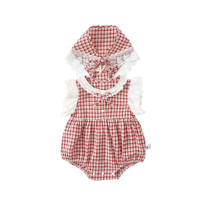 【BABY】夏新作 レースチェックロンパース＆ヘッドバンドSK071712
