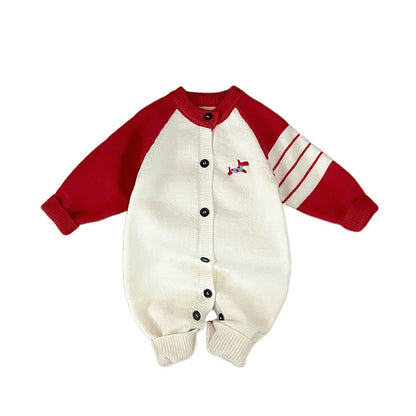 【BABY】冬新作わんちゃん刺繍ニットカバーオールSK103007