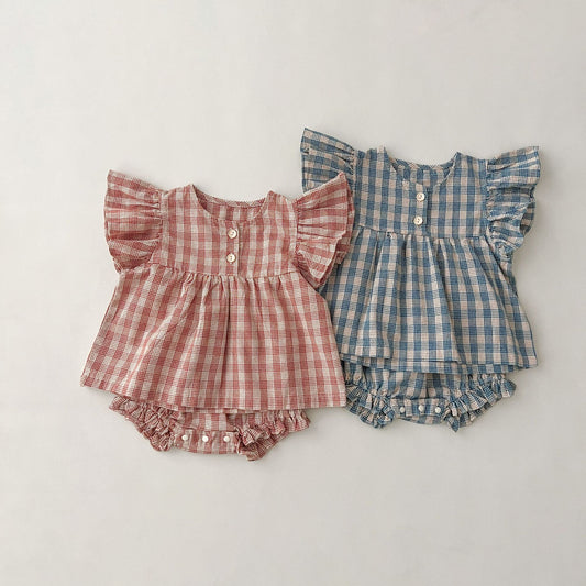 【BABY】夏新作 フリル袖チェックドールシャツセットアップSK071607