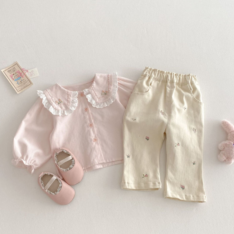 【BABY&KID】夏新作 ピンク刺繍ブラウス、刺繍フレアパンツセットSK070610