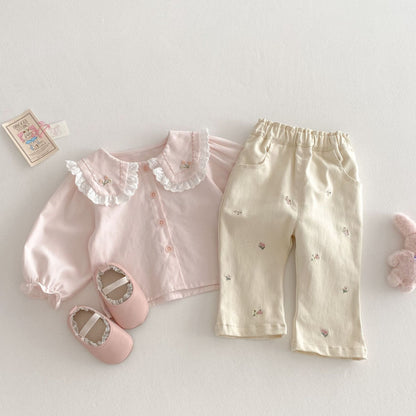 【BABY&KID】夏新作 ピンク刺繍ブラウス、刺繍フレアパンツセットSK070610