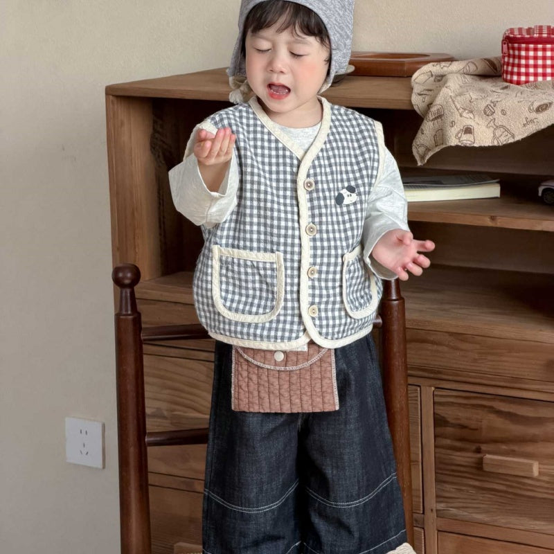 【BABY&KID】チェックベスト、ぞうさん長袖、ストレートデニムパンツSK104011