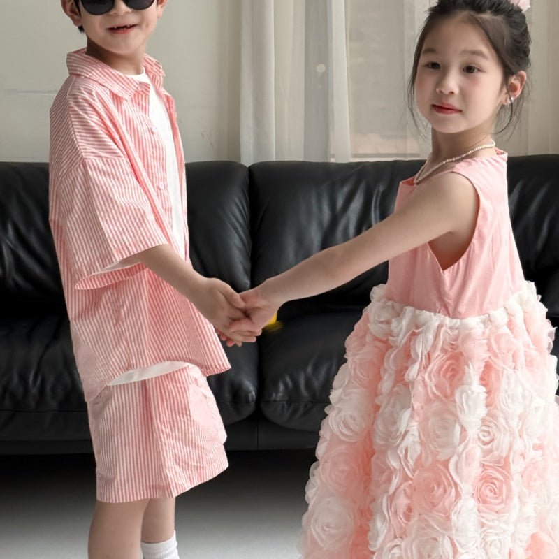 【BABY&KID】夏新作 ボーダーセットアップ、立体フラワーワンピースSK080520
