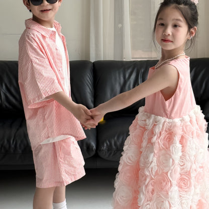 【BABY&KID】夏新作 ボーダーセットアップ、立体フラワーワンピースSK080520