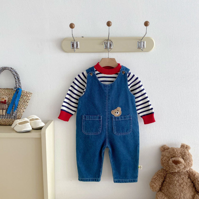 【BABY】デニムサロペット、ボーダートップスSK092533