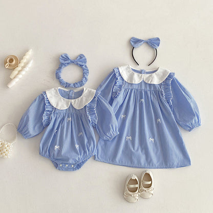 【姉妹服】ブルーストライプロンパース、ワンピースSK101113