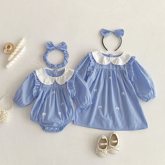 【姉妹服】ブルーストライプロンパース、ワンピースSK101113