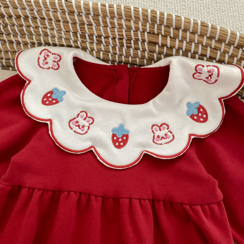 【BABY】イチゴ小兔刺繍襟ロンパースSK092813