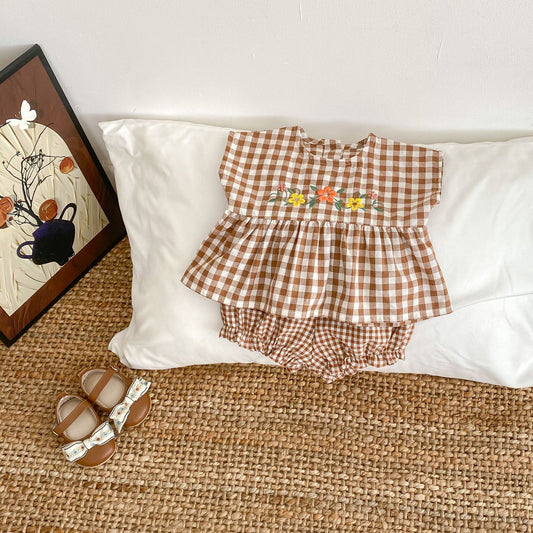 【BABY】夏新作 チェック刺繍フラワーセットSK071604