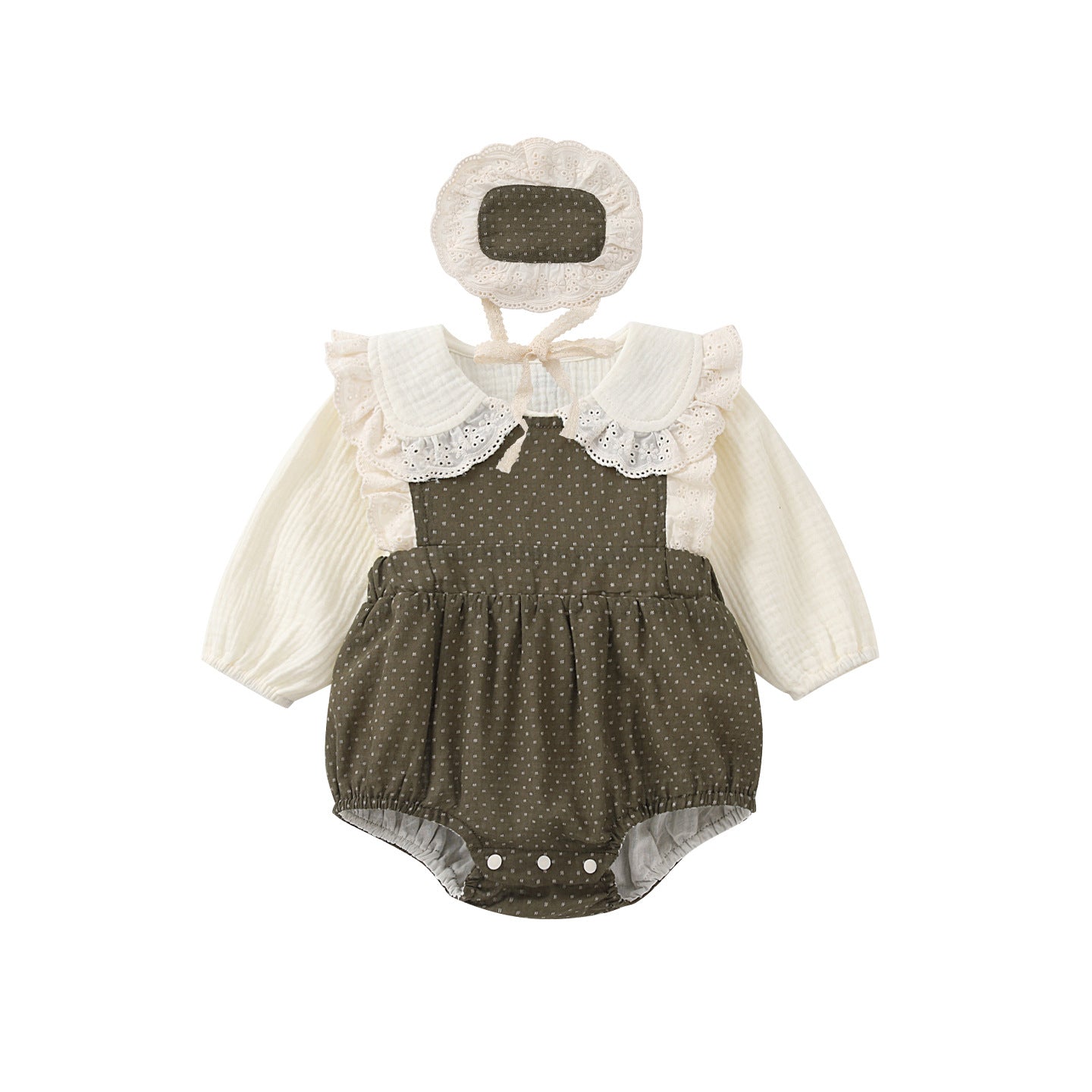 【BABY】ドットサロペットロンパース&レース襟ブラウス&ヘアバンドSK100416