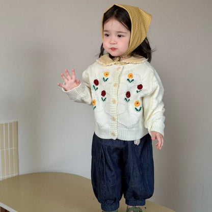 【BABY&KID】カラフル小花ニットカーディガン、丸襟長袖、ドットデニムパンツSK104004