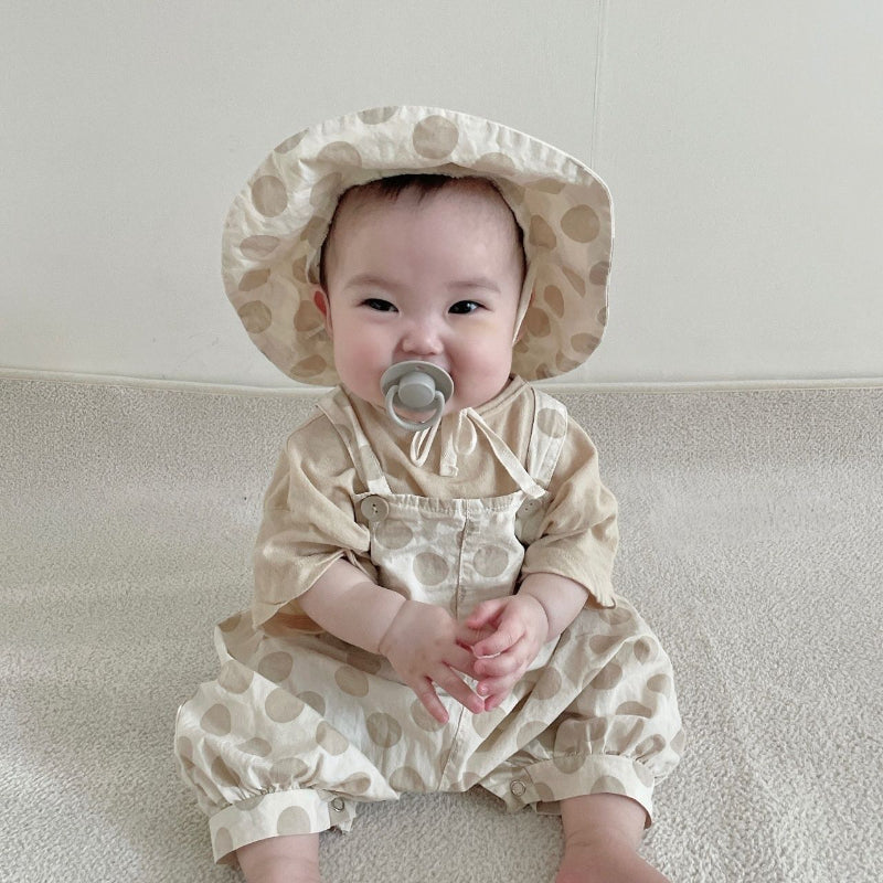 【BABY】夏新作 チェックorドットサロペットロンパース＆ライオンプリントTシャツ＆帽子3点セットSK010207