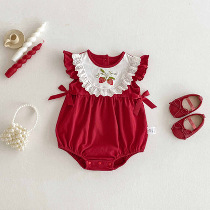 【BABY】夏新作 いちご刺繍ロンパースSK081507