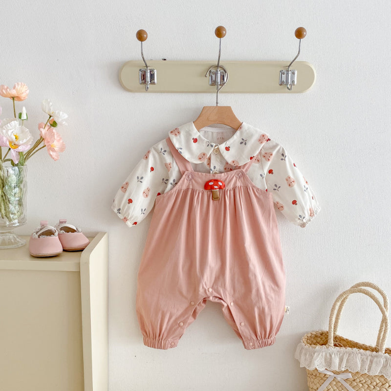 【BABY】小さな襟シャツ＆きのこサロペット2点セットSK092302