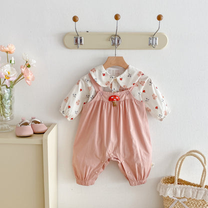 【BABY】小さな襟シャツ＆きのこサロペット2点セットSK092302