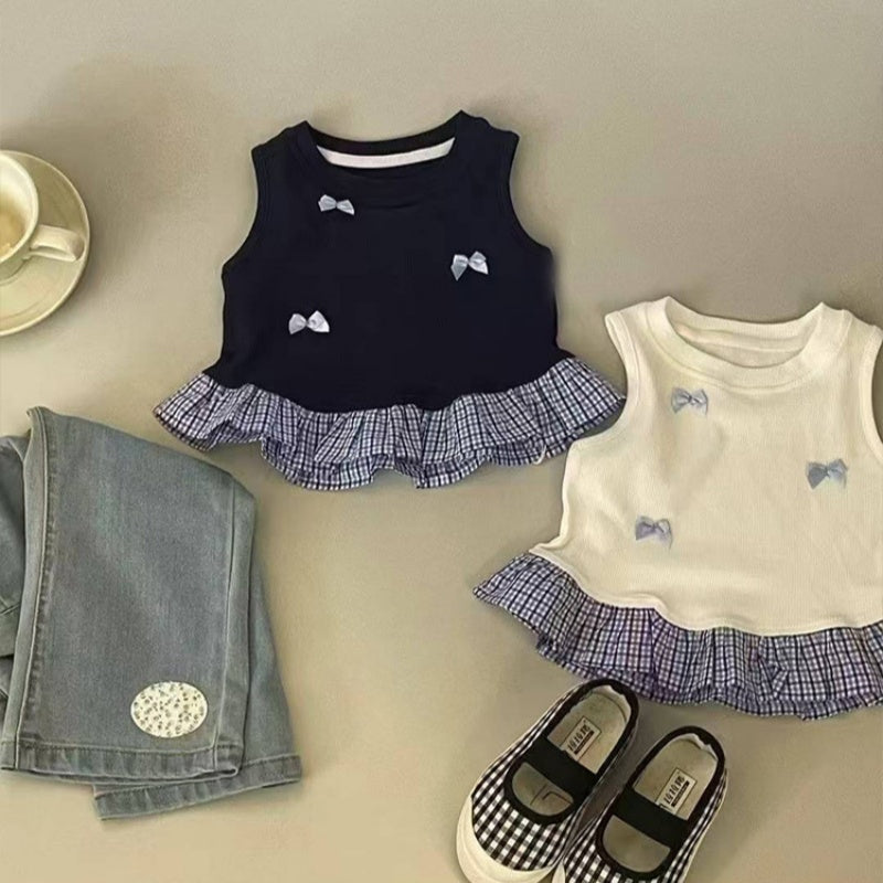 【BABY&KID】夏新作 蝶結び切替チェックフリルトップスTシャツSK092227