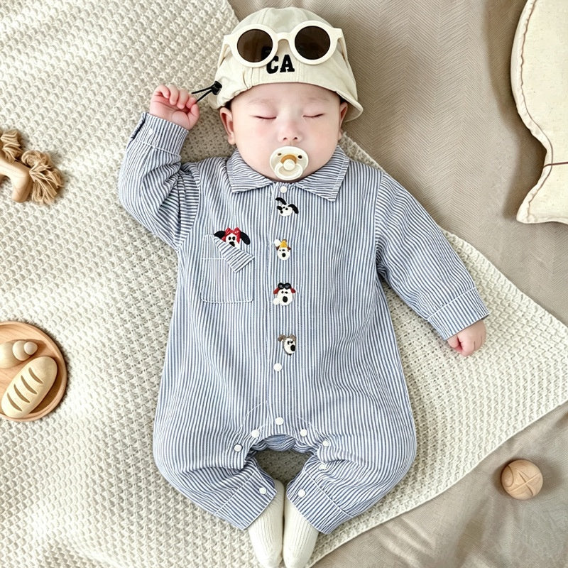 【BABY】ブルーピンストライプいぬ刺繍カバーオールSK106713