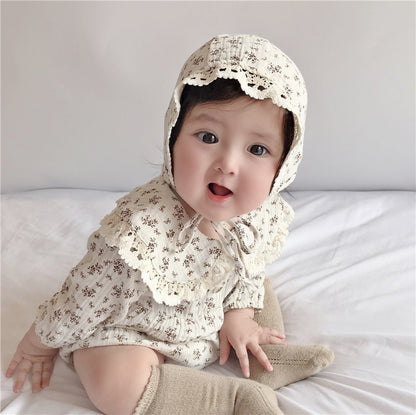 【BABY】 レース付け折り襟小花柄帽子付き長袖ロンパースSK062001