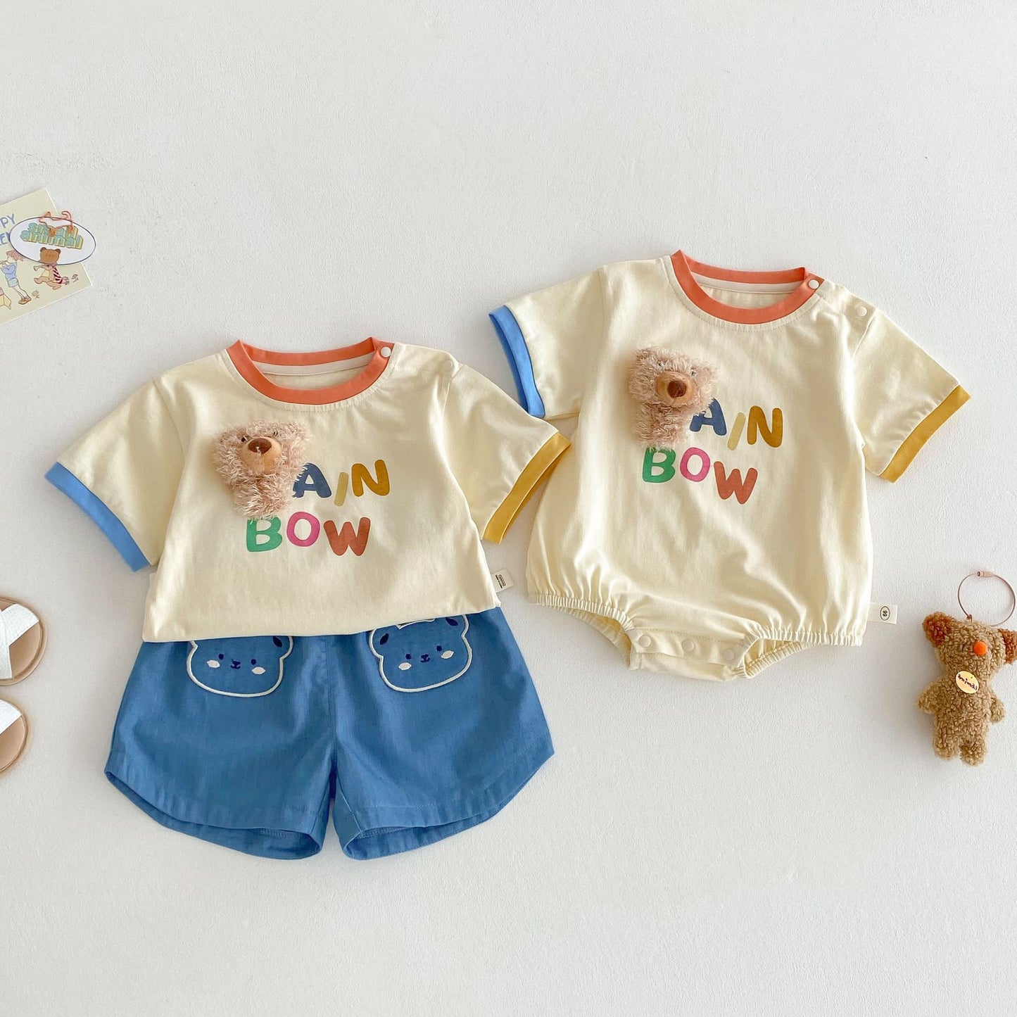 【BABY】夏新作  カラーバリBOWベアロンパース、Ｔシャツ、パンツSK061607