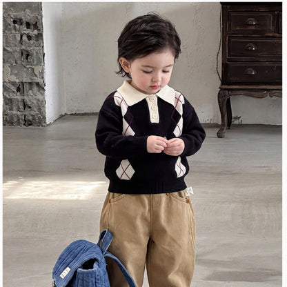【BABY&KID】ダイヤ柄ニット、裏起毛ストレートパンツSK107019