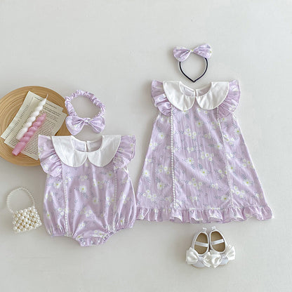 【姉妹服】夏新作 パープル小花柄ロンパース、ワンピースSK081626
