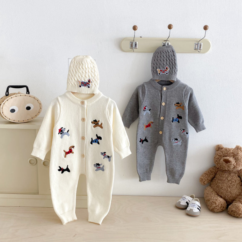 【BABY】ワンちゃん刺繍ニットカバーオール＆帽子SK092505