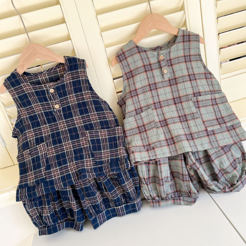 【BABY&KID】夏新作 ポケット付きチェックセットアップSK072107