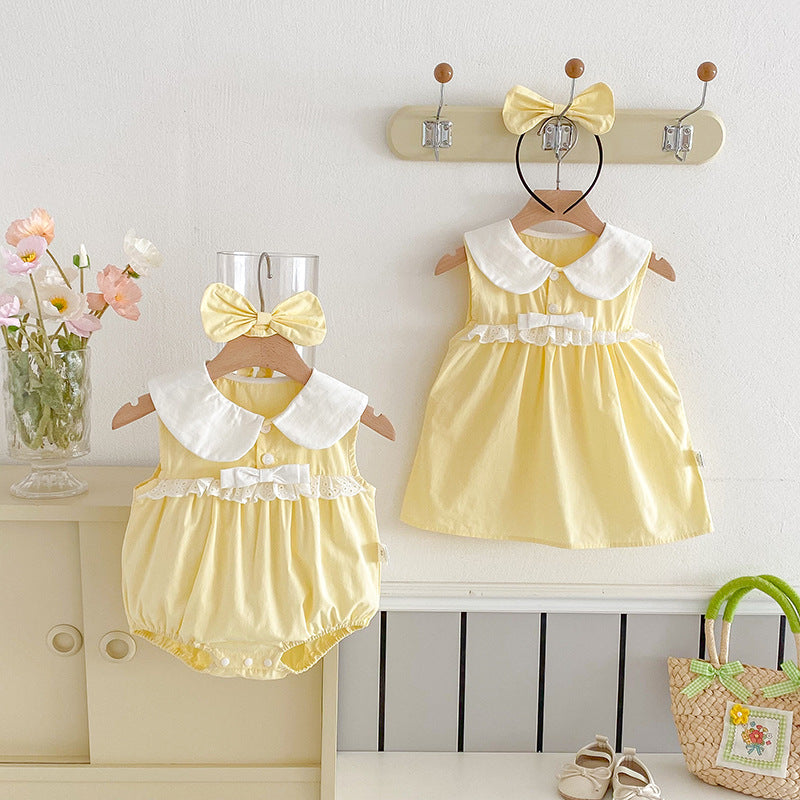 【姉妹服】夏新作 クリームイエローロンパース、ワンピースSK081635