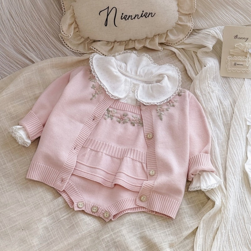 【BABY】フリル刺繍ニットロンパース、ニットカーディガンSK106917