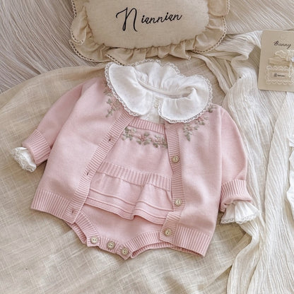 【BABY】フリル刺繍ニットロンパース、ニットカーディガンSK106917
