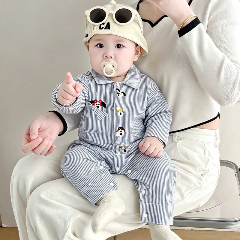 【BABY】ブルーピンストライプいぬ刺繍カバーオールSK106713