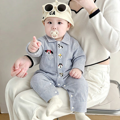 【BABY】ブルーピンストライプいぬ刺繍カバーオールSK106713