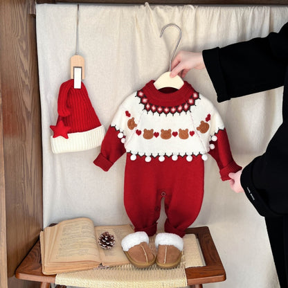 【BABY】冬新作くまハート柄ニットカバーオールSK103217