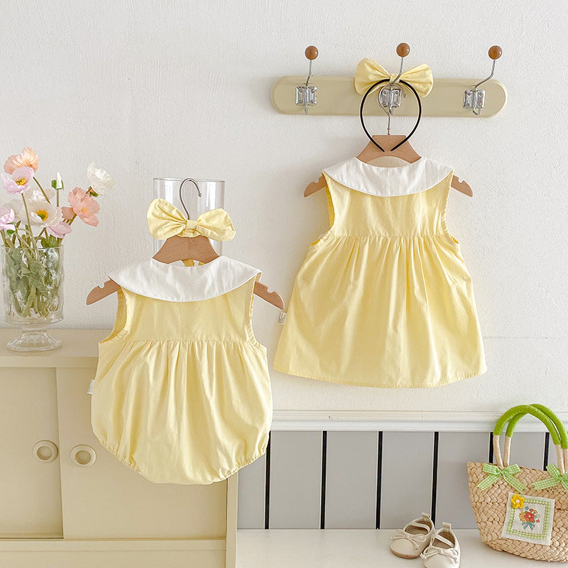 【姉妹服】夏新作 クリームイエローロンパース、ワンピースSK081635