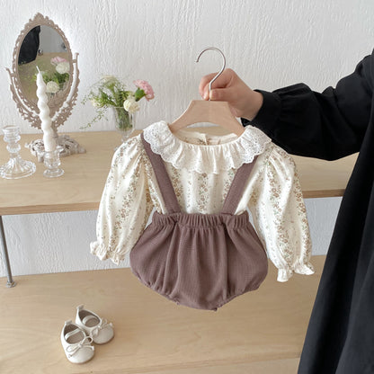 【BABY】フリルカラー花柄トップス＆サロペットロンパースSK102417