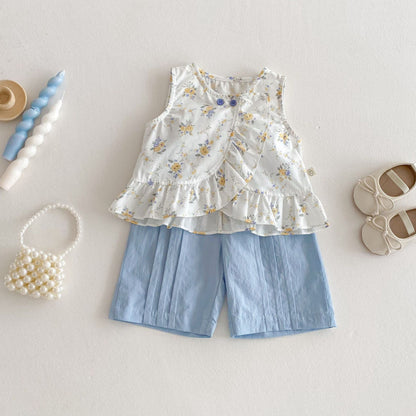 【BABY&KID】夏新作 小花柄トップス＆無地ロングパンツセットSK070206