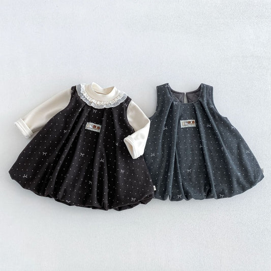 【BABY&KID】ドット蝶結びワンピース、ベージュトップスSK108112